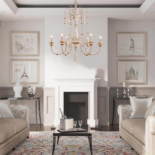 Eliza Farmhouse 6- -Light Dining Room White Wood Chandelier with Elegant French Country Design Gold Beads Curtain