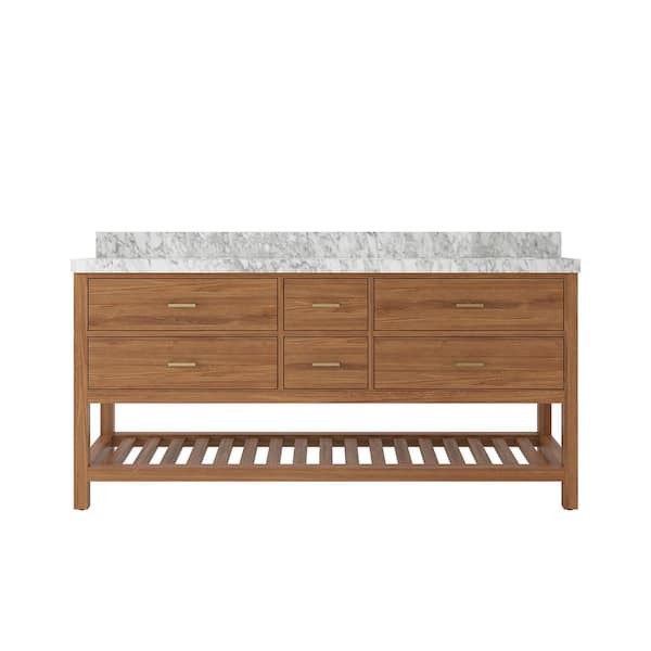 Willow Collections Parker Teak 72 in. W x 22 in. D x 36 in. H Double Sink Bath Vanity in Golden Teak with 2 in. Carrara Marble Top