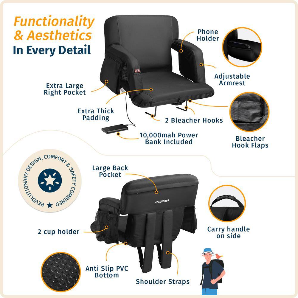 Black Heated Massage Reclining Stadium Seat with Armrests and Pockets