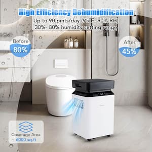 90 pt. 6000 sq. ft. Dehumidifier for Basement in White with Continuous and Auto Mode Large Water Tank