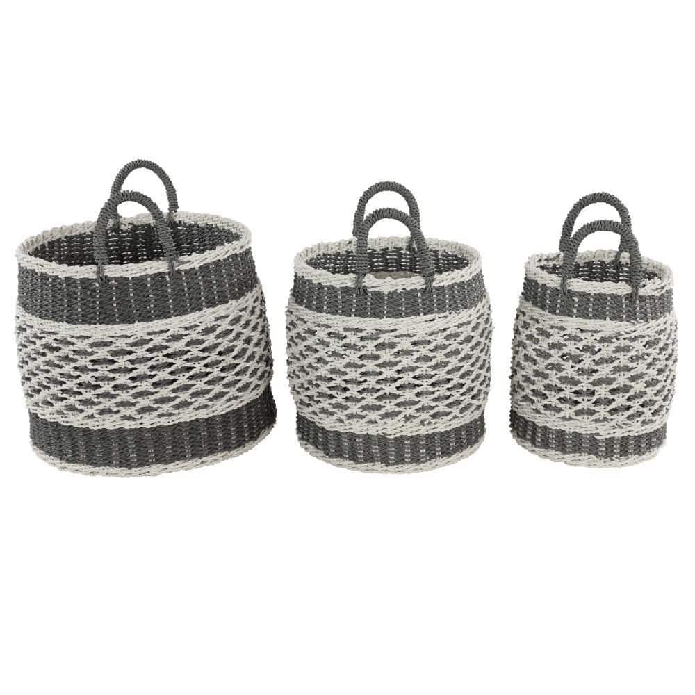 Gray and Beige Round Woven Plastic Storage Baskets, Set of 3