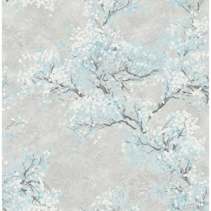 Cherry Blossoms Metallic Silver and Sky Blue Paper Strippable Roll (Covers 56.05 sq. ft.)