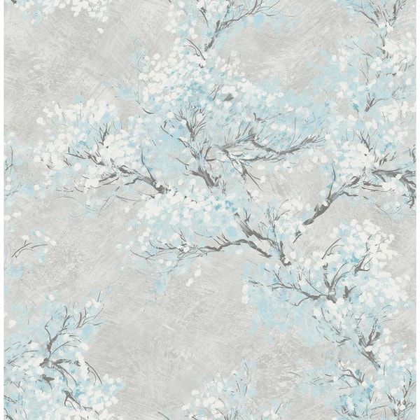 Seabrook Designs Cherry Blossoms Metallic Silver and Sky Blue Paper Strippable Roll (Covers 56.05 sq. ft.)