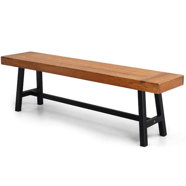 63 in. Wood Outdoor Bench with Metal Legs, Rustic Dining Bench Backless Bench Outdoor Ottoman for Yard Garden Entryway