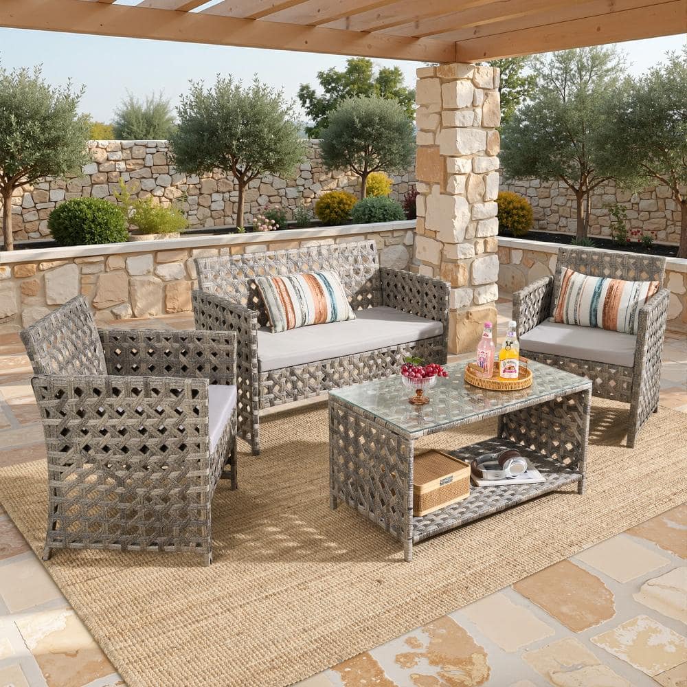 Almeda 4-Piece 4-Seat Modern Gray Wicker Outdoor Patio Conversation Sofa Seating Set with Light Gray Cushions price history on PriceWatchPro