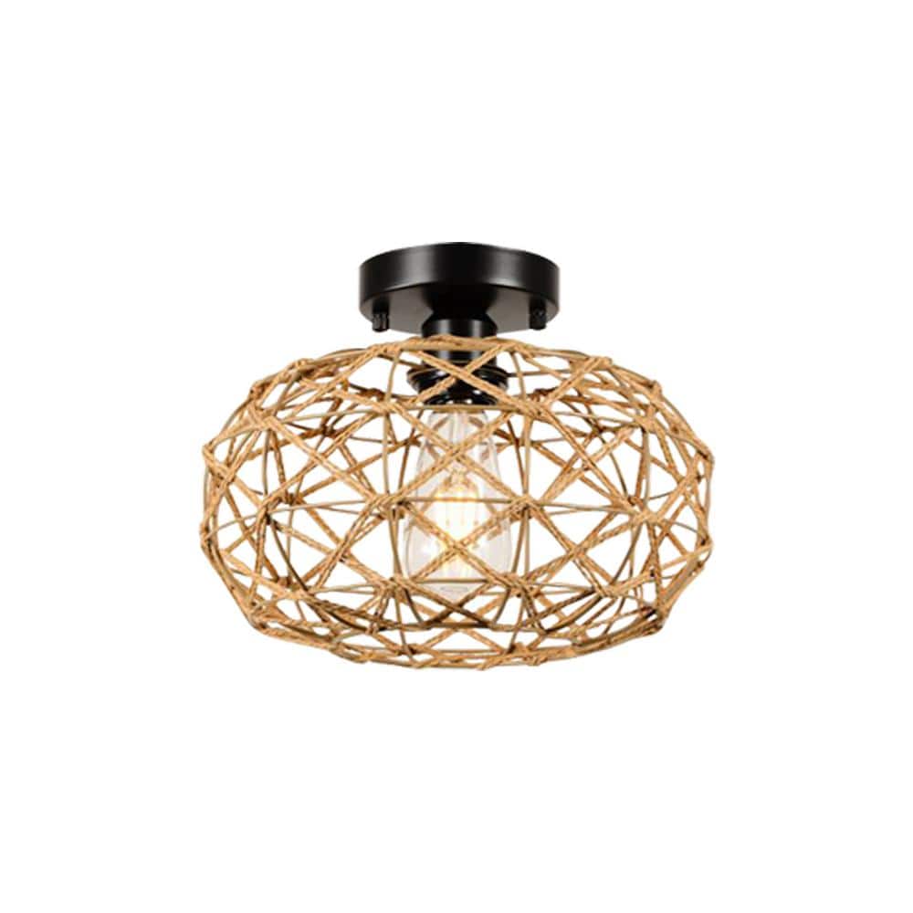 11.8 in. Brown Hand Woven Rattan Flush Mount Light with Dimmable LED Bulb