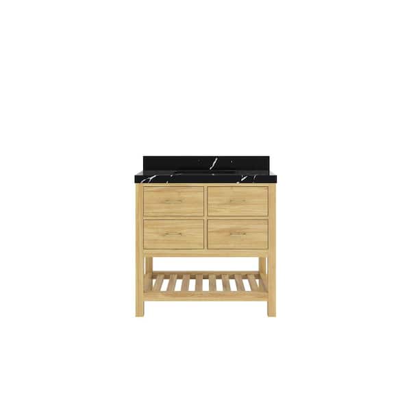 Willow Collections Parker Teak 36 in. Single Sink Freestanding Light Natural Bath Vanity with Calacatta Black Qt. Top Unassembled
