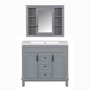 36 in. W x 18 in. D x 34 in. H Single Sink Freestanding Bath Vanity in Gray with White Resin Top and Medicine Cabinet