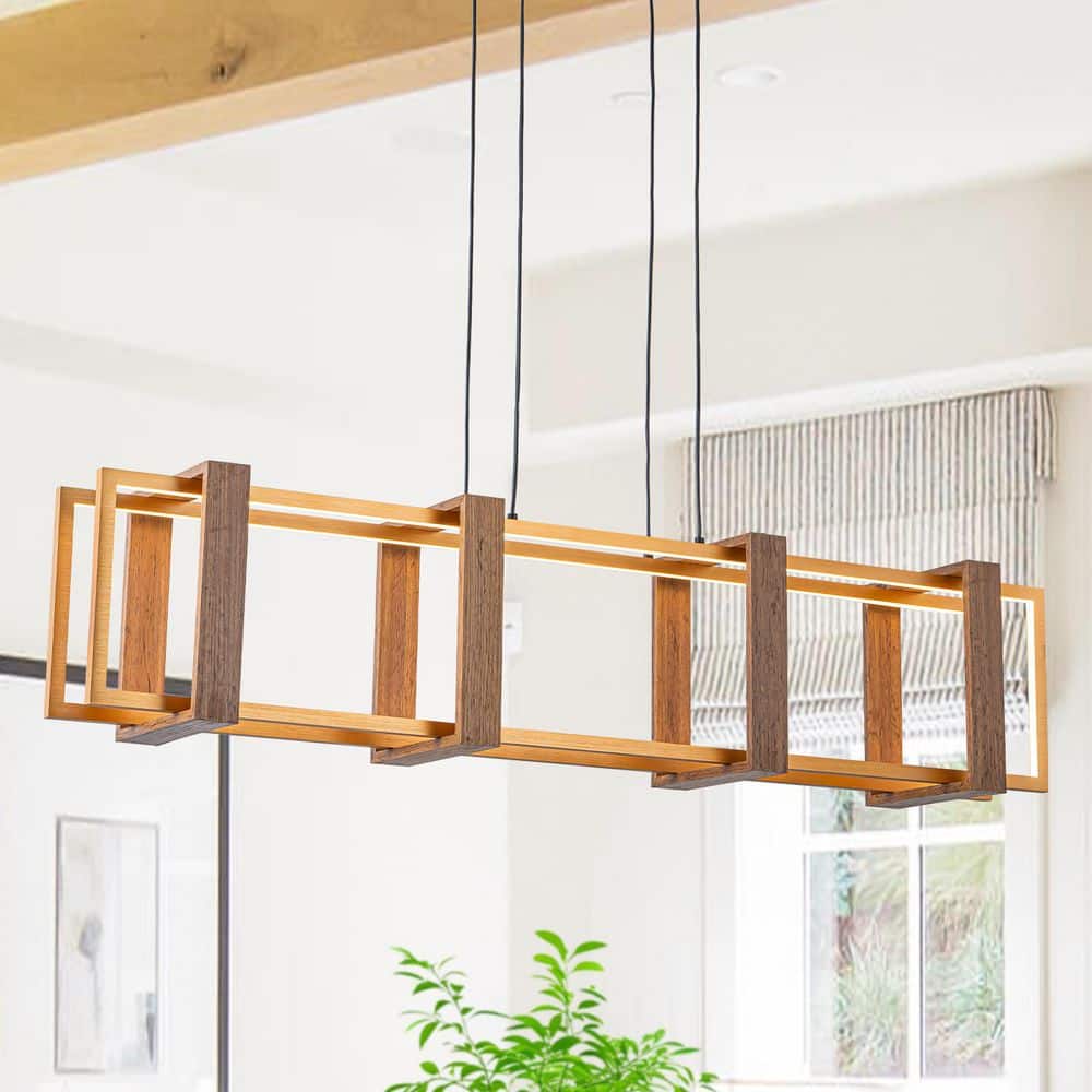 48-Watt 2-Light Gold Modern Linear Wood Integrated LED Pendant Light with H