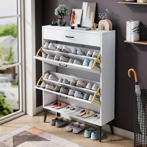 Shoe Cabinet for Entryway,White Narrow Shoe Organizer Storage Cabinet Flip  Down Shoe Rack Wood,3 Tier 2 Drawers Shoe Organizer for Home and Apartment