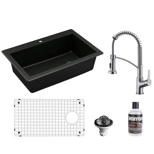 Karran QT-670 Quartz 33 in. Single Bowl Drop-In Kitchen Sink in Black with KKF210 Faucet in Stainless Steel