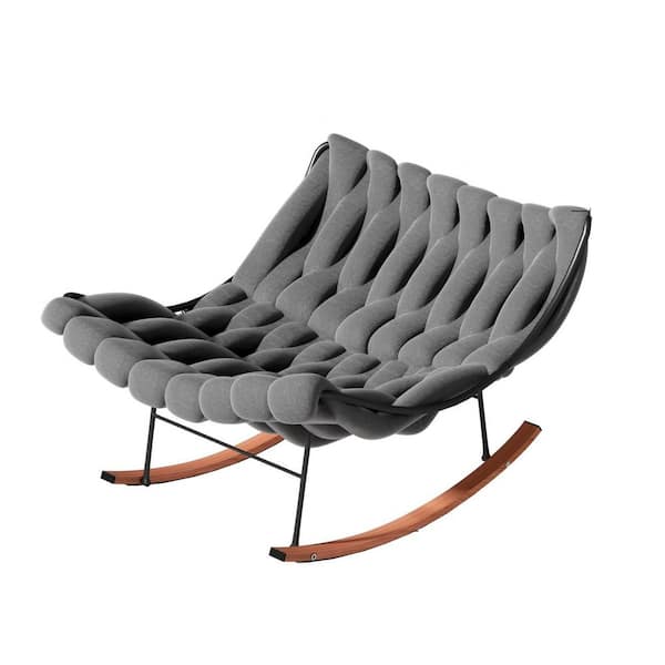 Tenleaf Metal and Wood Outdoor Rocking Chair with Gray Velvet Cushions