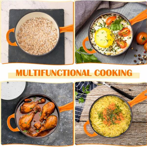 UUDULY 2-Piece Orange Enameled Cast Iron Saucepan Set Induction