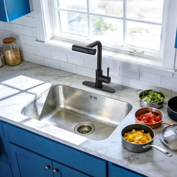 15.7 in. 3 Modes Single Handle Waterfall Pull Down Sprayer Kitchen Faucet with 360° Spout Swivel in Matte Black