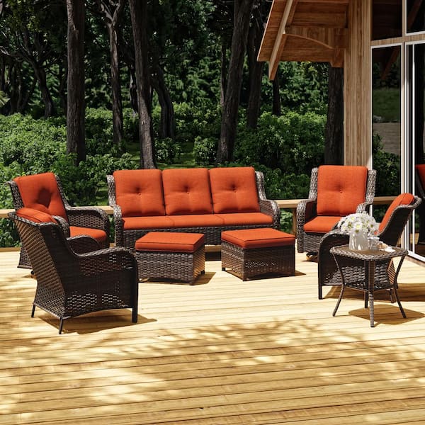JOYSIDE 8-Piece Wicker Outdoor Patio Conversation Set with Orange Cushions and Swivel Rocking Chairs