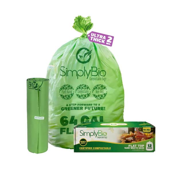 64 Gal. Compostable Trash Bags, Flat Top Heavy-Duty 2 mil Large Lawn and Yard Waste Bag, Leaf Bag (12-Count)