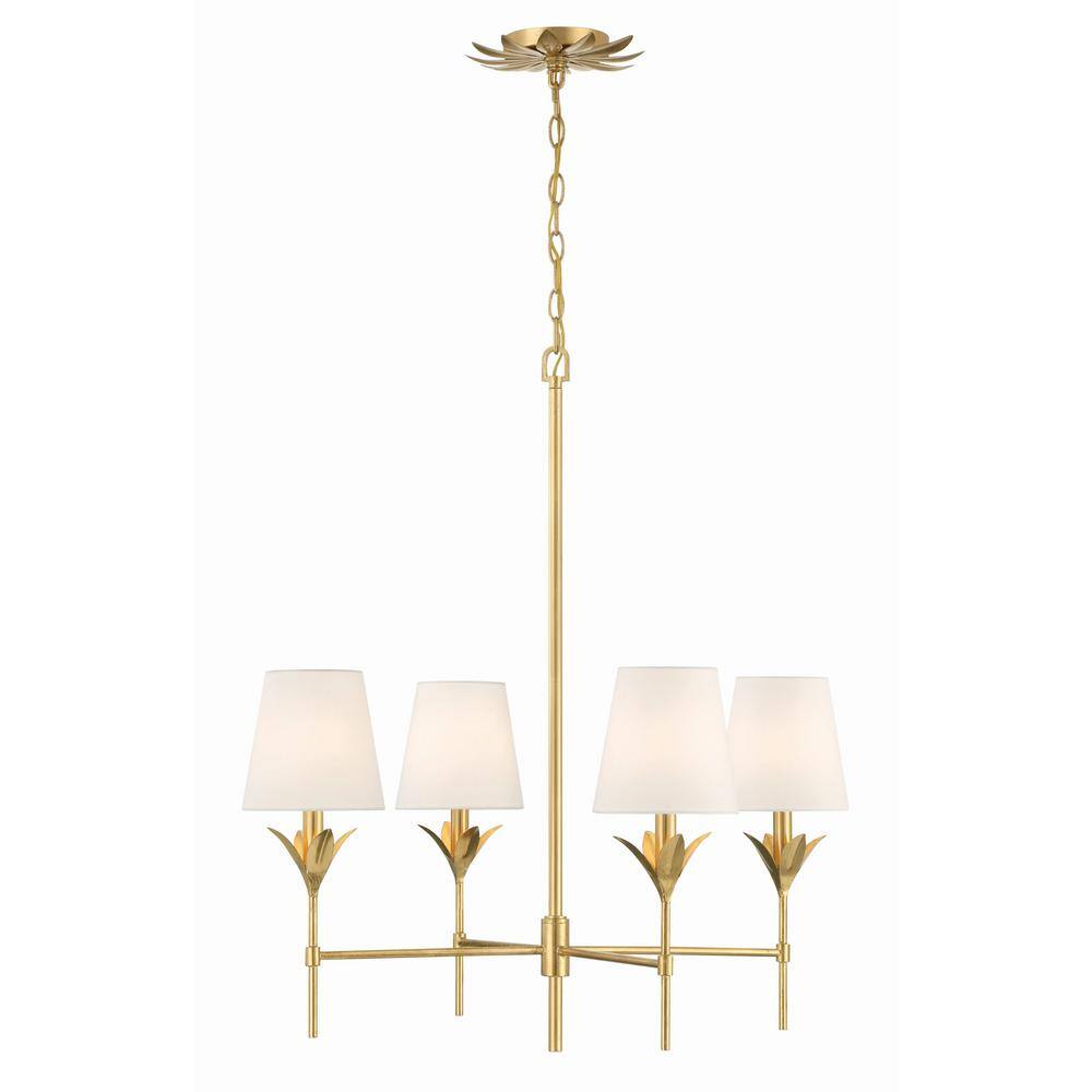 Antique Gold Crystal 4-Light Chandelier with White Silk Shades