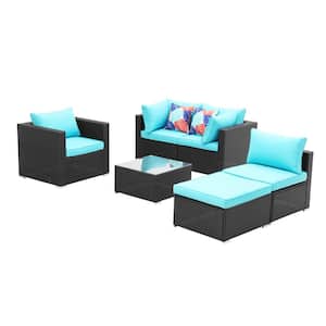 Blue 6-Piece Rattan Patio Conversation Set with Cushions