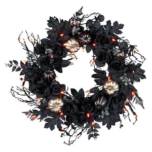 24 in. Chic Eek Black and Gold Halloween Wreath with 40 Orange LED Lights