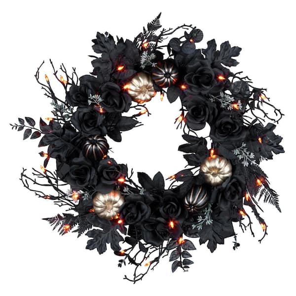National Tree Company 24 in. Chic Eek Black and Gold Halloween Wreath with 40 Orange LED Lights