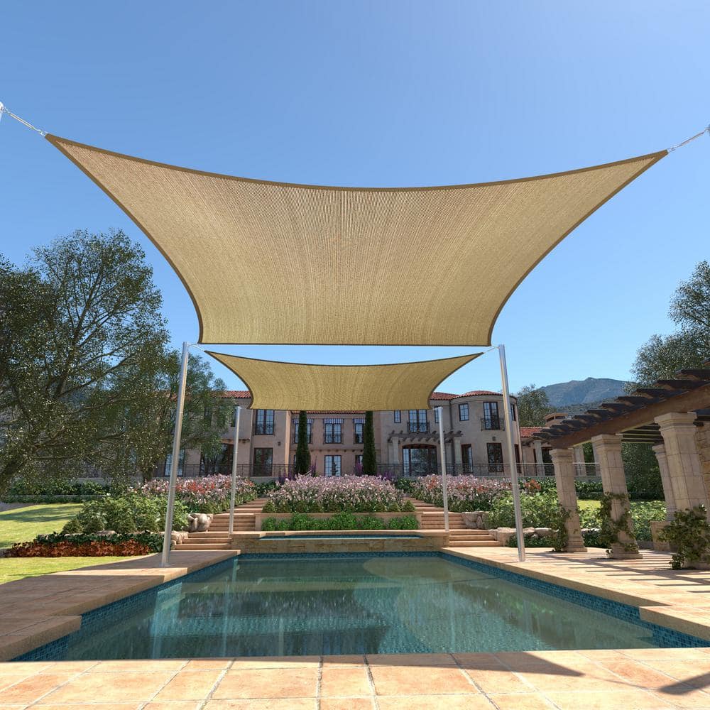 Sand Beige 14' x 18' HDPE Patio Shade Sail with Stainless Steel D-Rings