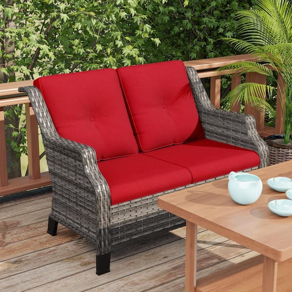 Brown Wicker Outdoor Patio Loveseat 2-Seat Sofa Couch with Red Cushions