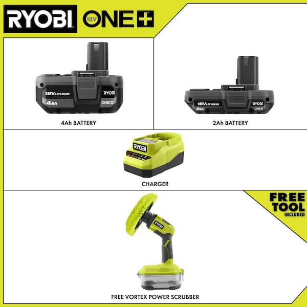 ONE+ 18V Lithium-Ion Kit with 2.0 Ah and 4.0 Ah Batteries, Charger with ONE+ 18V Cordless Power Scrubber