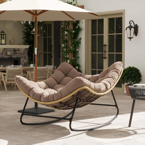 1-Piece Metal And Wicker Outdoor Rocking Recliner with Khaki Cushion