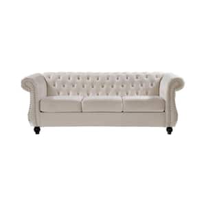 Feinstein 82.6 in. Rolled Arm Velvet Straight 3-Seater Sofa in Ivory
