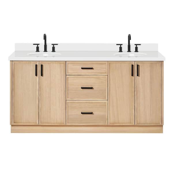 Kelly 73 in. W x 22 in. D x 36 in. H Double Sink Bath Vanity in White Oak with Pure White Quartz Top