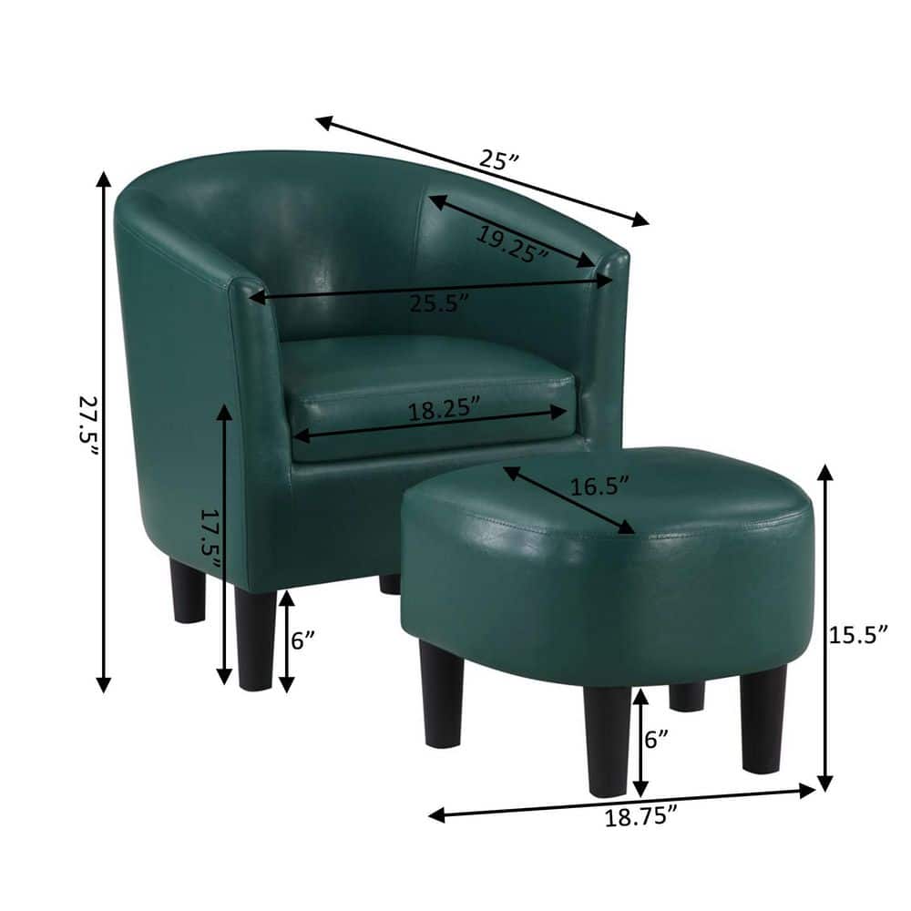 Forest Green Faux Leather Barrel Accent Chair with Ottoman