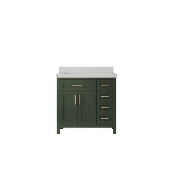 Willow Collections Cambridge 36 in. W x 22 in. D x 36 in. H Left Offset Sink Bath Vanity in Pewter Green with 2 in Carrara Quartz Top