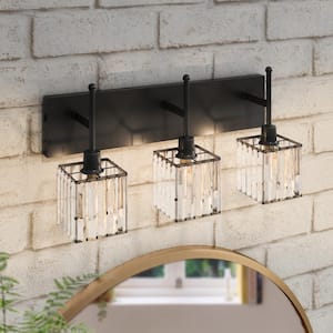 18.4 in. 3-Light Modern Satin Black Bathroom Vanity Light with Cube Crystal Shades