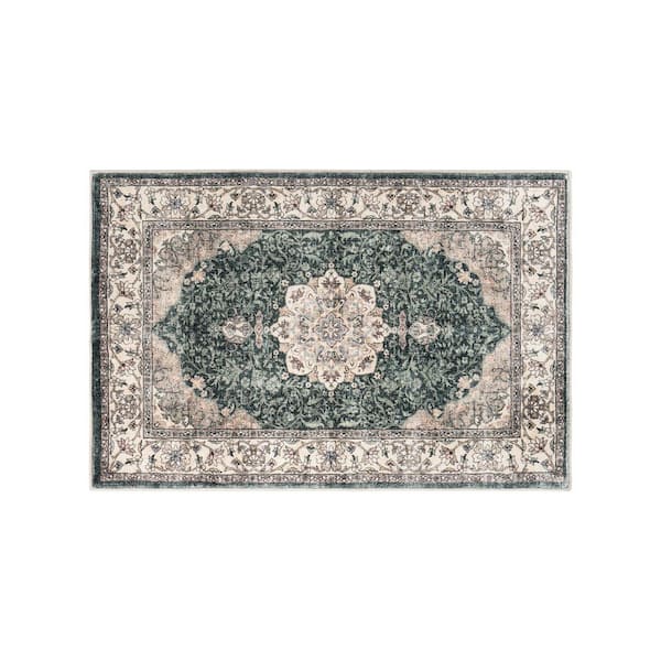 Traditional Oriental Medallion Washable Non Slip Green 2 ft. x 3 ft. Area Rug