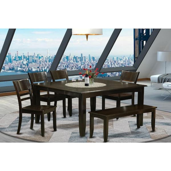 6-Piece Square Cappuccino Finish Solid Wood Top dining Table with 1-Bench and 4-Chairs with Lattice Back
