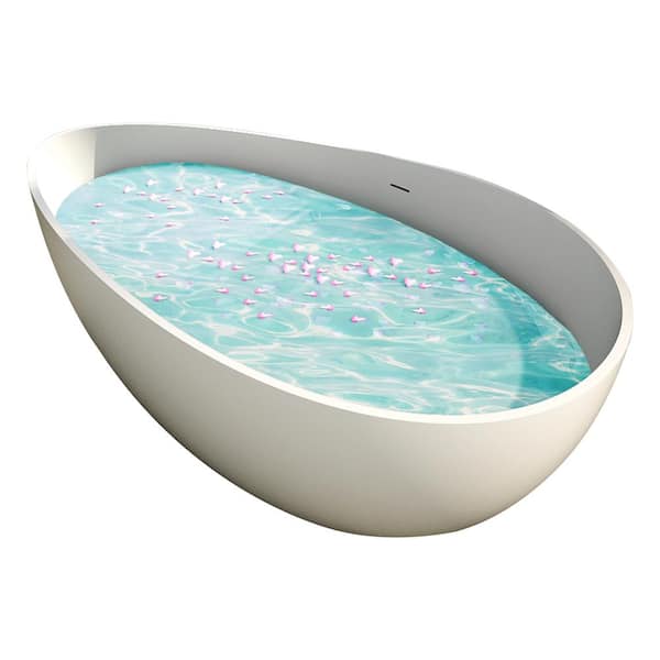 63 in. x 37.4 in. Polyresin Flatbottom Freestanding Soakingl Bathtub with Center Drain in White