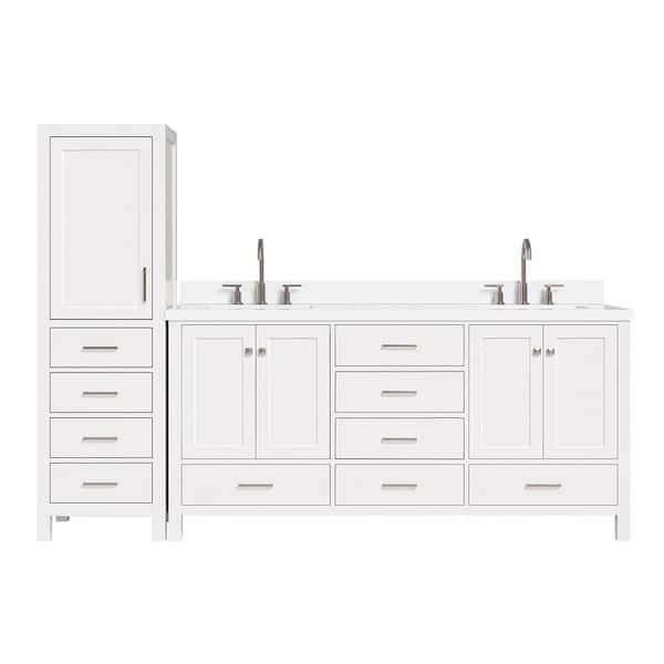 Cambridge 73 in. Double Sink Bath Vanity with Pure White Quartz Top and Linen Cabinet in White