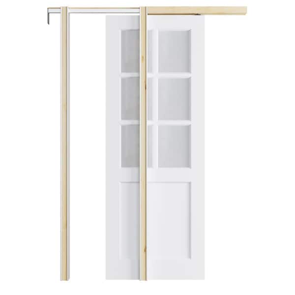 30 in. x 80 in. 6-Lite Frosted Glass White Primed MDF Pocket Sliding Door with Pocket Door Hardware Set and Soft Close