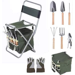 9-Piece Garden Tool Set Ergonomic Wooden Handle Sturdy Stool with Detachable Tool Kit for Different Kinds of Gardening