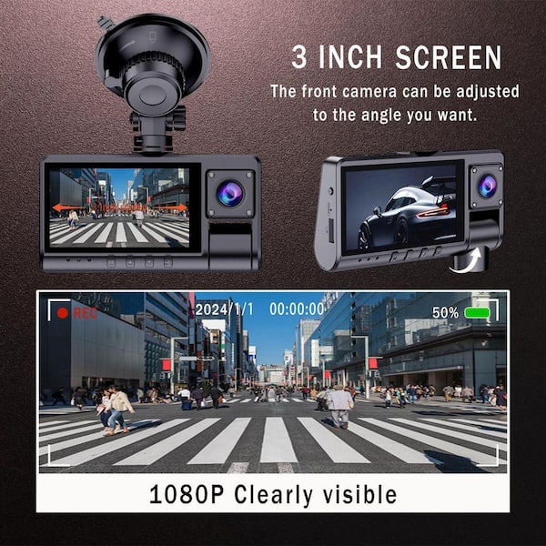 WRIGHTMASTER 3-Channel Full HD Mirror Dashcam with Loop Recording