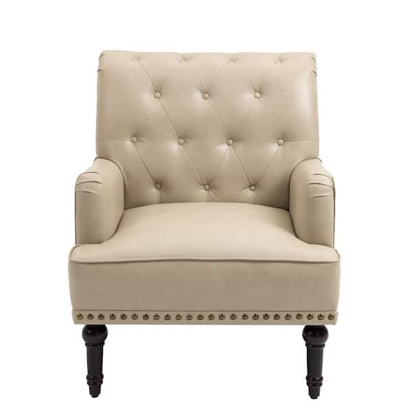 Uixe Mid-Century Beige Faux Leather Button Tufted Accent Arm