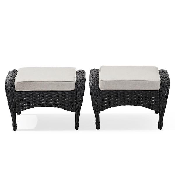 Flat Armrest Series Black Wicker Outdoor Patio Ottoman with Cushion Guard Beige Cushions (2-Pack)