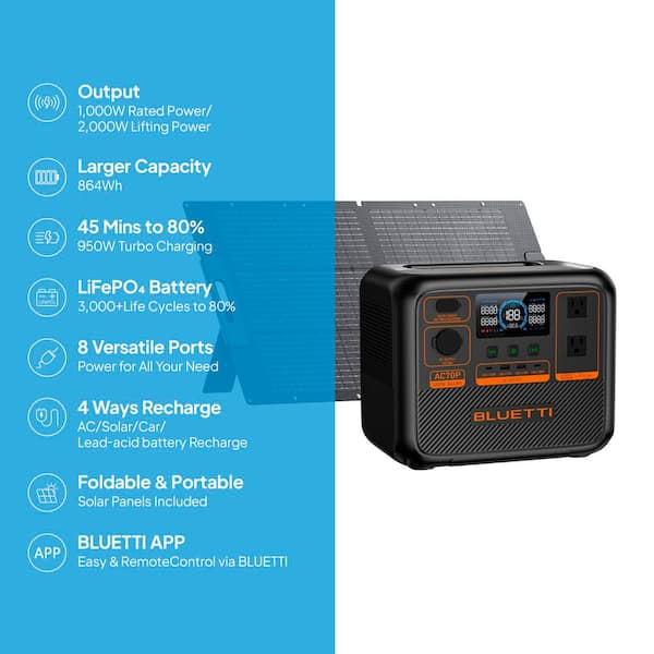 1000W Continuous/2000W Peak Output Power Station AC70P LiFePO4 Battery Solar Generator with 100W Solar Panel