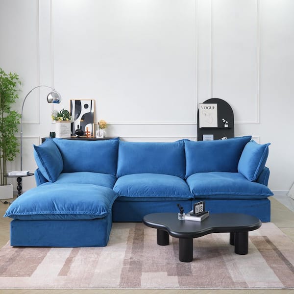 J&E Home 122.82 in Wide Flared Arm Linen Down-Filled Modular Free Combination Deep Seat Straight Sofa in. Blue