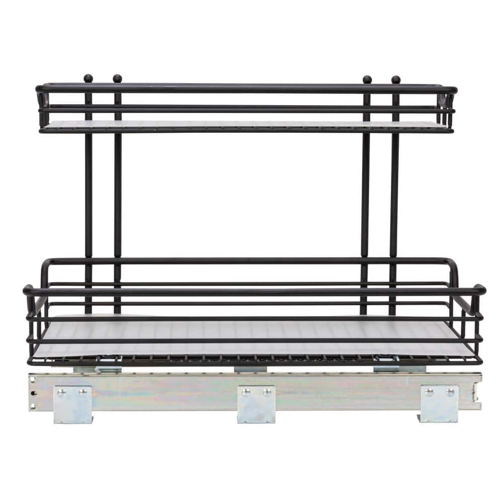 Black Steel 2-Tier Under Sink Storage Organizer with Plastic Liners