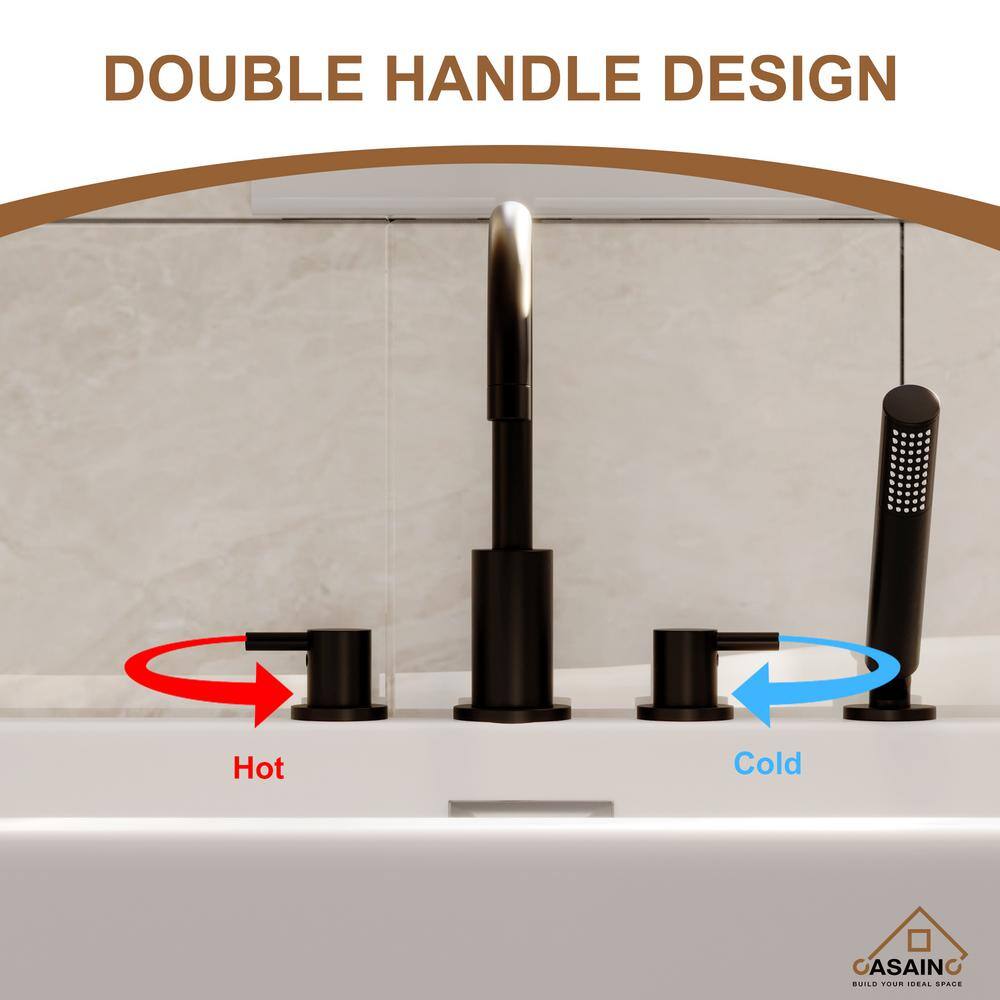 Matte Black Double Handle Deck-Mount Tub Faucet with Hand Shower