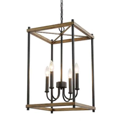 Eniso 4-Light Black Modern Farmhouse Island Chandelier Adjustable Open-Cage Metal Stairway Pendant with Pine Accent