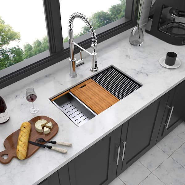30 in. Undermount Single Bowl 16-Gauge Gunmetal Black Stainless Steel Kitchen Sink with Bottom Grids, Drain Board
