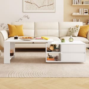 39.4 in, Length White Rectangle Wooden End Table with Extendable Top Surface, Open Shelves and Drawers