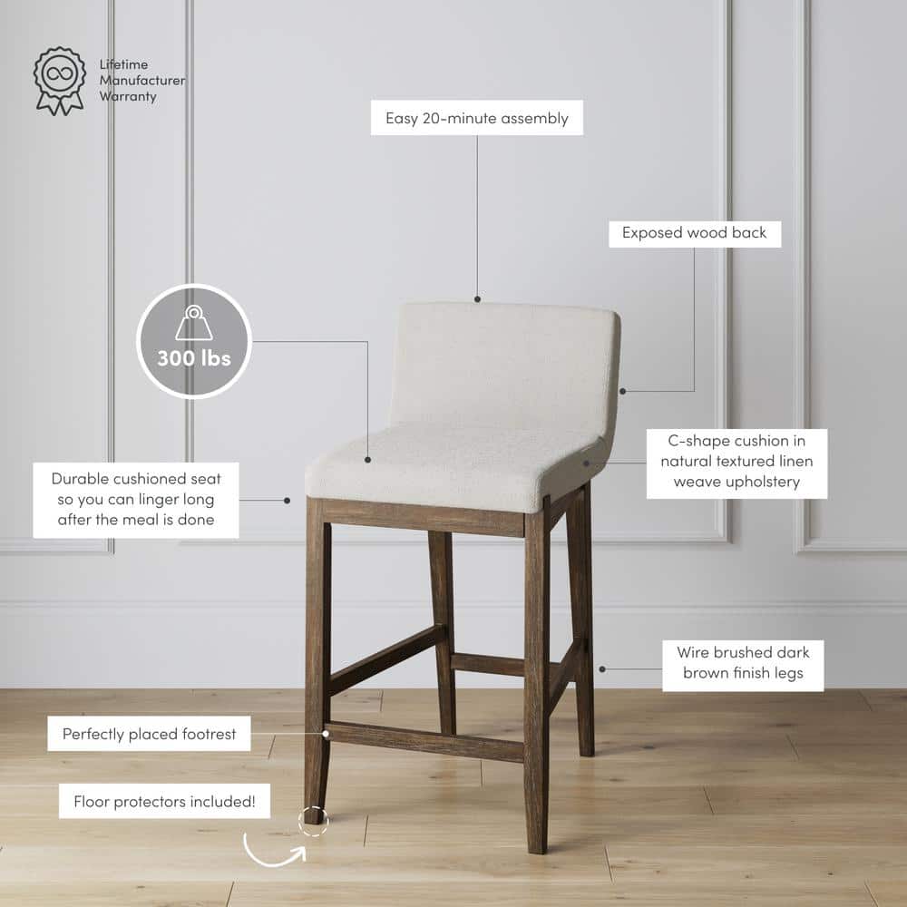 Cream Linen Upholstered Dark Brown Wood Counter Stool